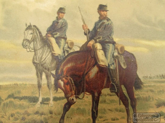 Colour engraving / lithography. A scouting group cavalry. Salvat & Cía. 1890