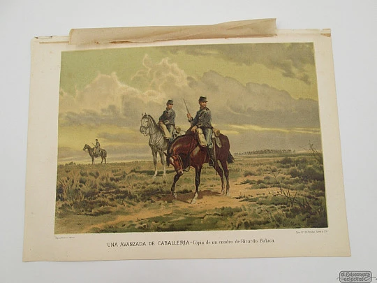 Colour engraving / lithography. A scouting group cavalry. Salvat & Cía. 1890