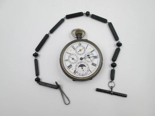 Complication pocket watch. Blued black steel. Stem-wind movement. 1870's. Swiss
