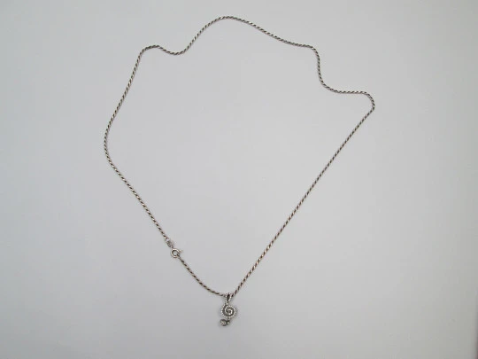 Cord with musical note pendant. 925 sterling silver and white gems. 1990's