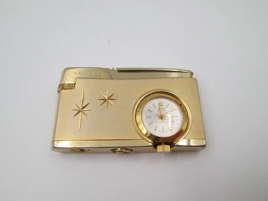 Cordial 33 butane lighter with Fero mechanical watch. Gold plated netal. 1960's. Swiss