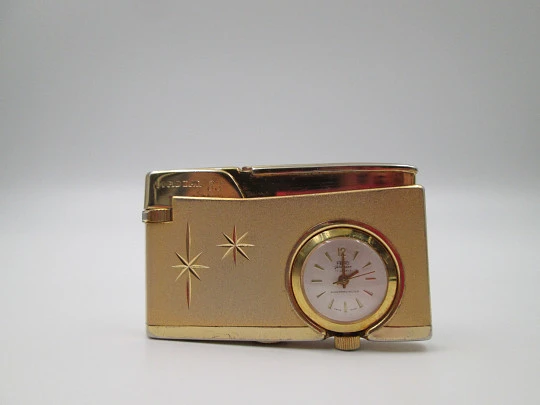 Cordial 33 butane lighter with Fero mechanical watch. Gold plated netal. 1960's. Swiss