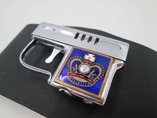 Corona petrol automatic lighter gun. Silver plated and enamel. Automatic. 1950's