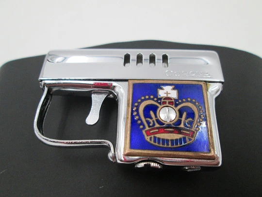 Corona petrol automatic lighter gun. Silver plated and enamel. Automatic. 1950's