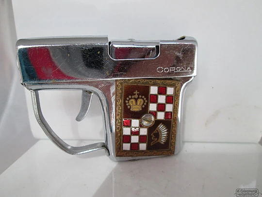 Encendedor Corona Miniatura Pistola Gasolina Metal 1950