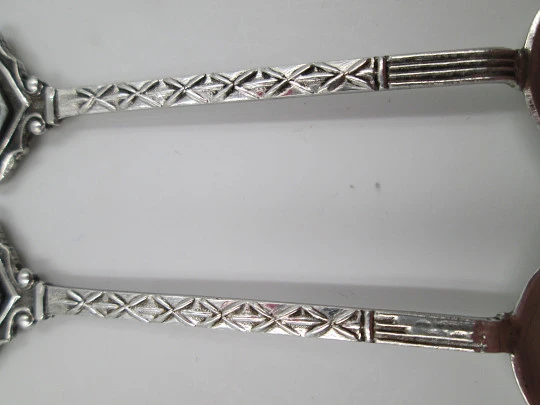 Couple ornate spoon. Sterling silver & enamel. Noya shield. 1980's
