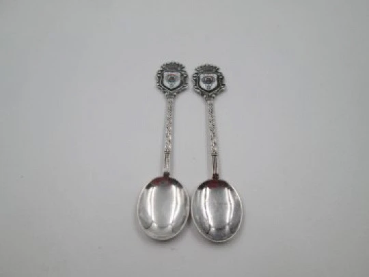 Couple ornate spoon. Sterling silver & enamel. Noya shield. 1980's