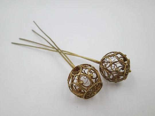 Couple women's hair pins. Regional jewelry. Silver vermeil. Filigree balls