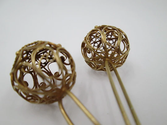 Couple women's hair pins. Regional jewelry. Silver vermeil. Filigree balls