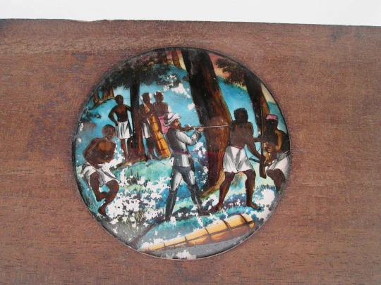 Cristal para linterna mágica. Vidrio pintado en marco madera. Colonias África. Europa. 1910