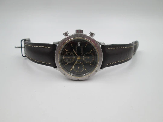 Cronógrafo automático Hamilton Lancaster. Acero inoxidable. Esfera negra. Suiza. 1990