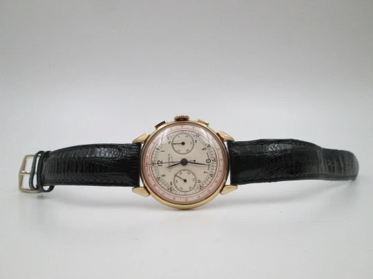 Cronógrafo Longines 13ZN Flyback. Oro rosa de 18k. Cuerda manual. Suiza. 1947. Caja