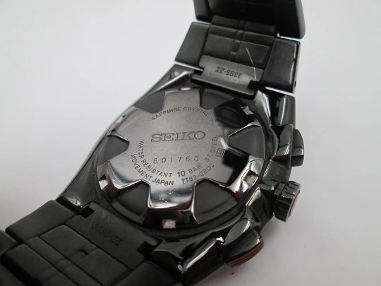 Cronógrafo Seiko Sportura 100m. Acero PVD negro. Alarma. Brazalete. Japón. 2000