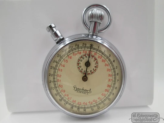 Cronómetro deportivo Hanhart. Metal cromado. Alemania. 1950. Cuerda