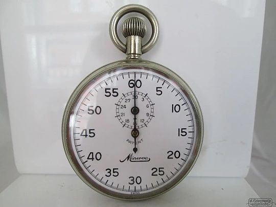 Cronómetro Minerva. Suiza. Metal blanco / dorado. 1940