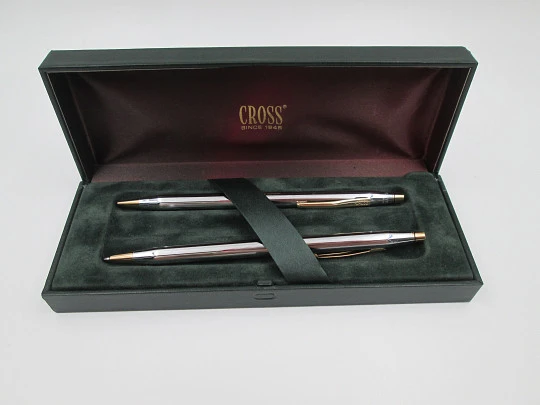Cross Classic mechanical pencil and ballpoint pen set. Chromed metal & gold plated. Box