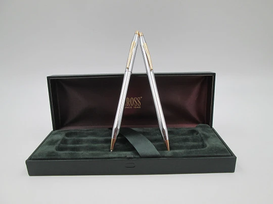 Cross Classic mechanical pencil and ballpoint pen set. Chromed metal & gold plated. Box