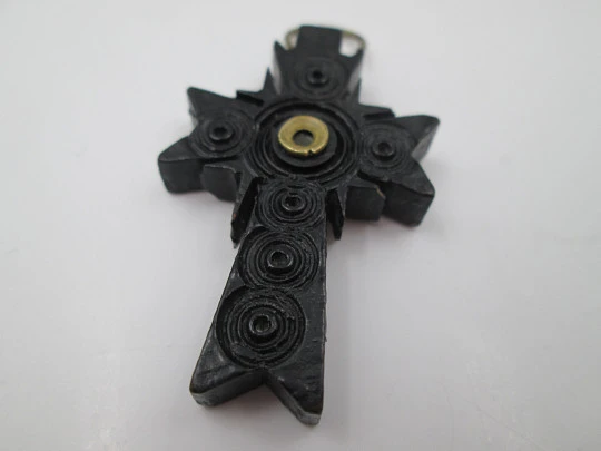 Cross with religious images viewer. Pope Leo XIII. Carved black resin. Europe. 1930's