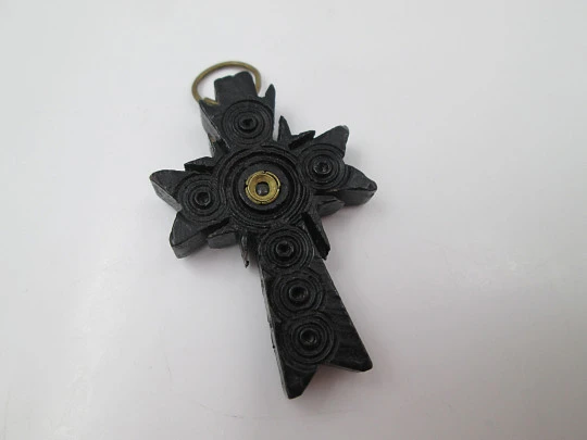 Cross with religious images viewer. Pope Leo XIII. Carved black resin. Europe. 1930's