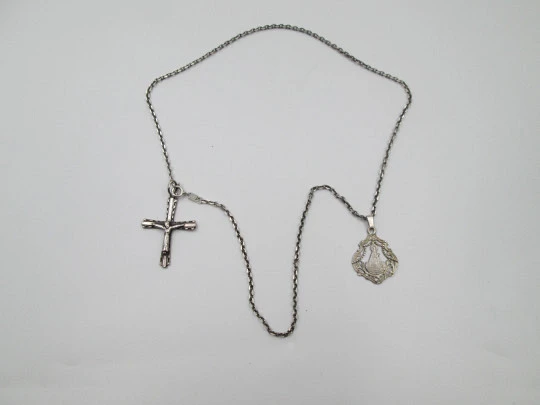Crucifix pendant and Virgin medal with chain. 925 sterling silver. Spring ring clasp. Spain