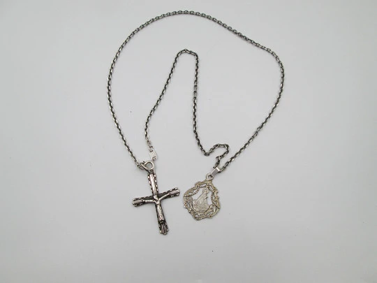 Crucifix pendant and Virgin medal with chain. 925 sterling silver. Spring ring clasp. Spain Crucifix pendant and Virgin medal with chain. 925 sterling silver. Spring ring clasp. Spain