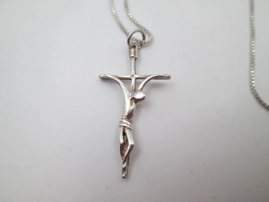 Crucifix pendant with cord. 925 sterling silver. Spring ring clasp. 1990's. Spain