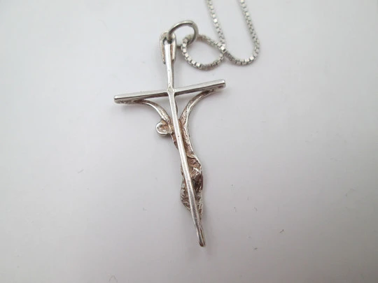 Crucifix pendant with cord. 925 sterling silver. Spring ring clasp. 1990's. Spain