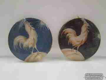 Cuatro pinturas en miniatura. Gallos y elefante. 1º siglo XX