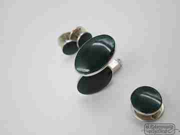 Cufflinks & buttons set. Sterling silver and green enamel. KJD Jewellers
