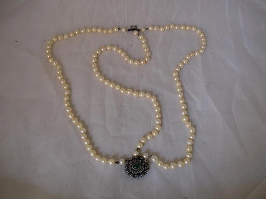 Cultured pearl necklace. 925 silver and gold. 1950. Marcasites