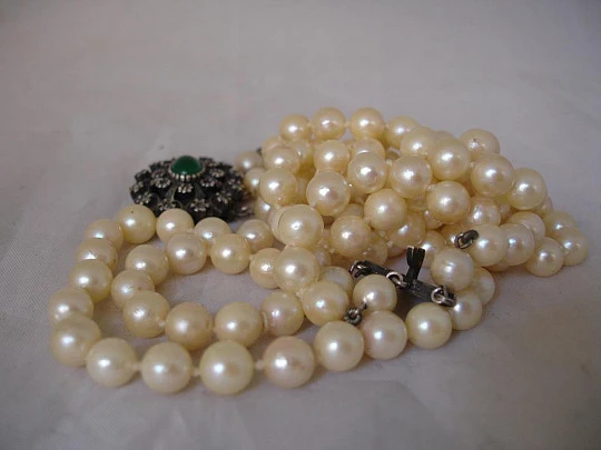 Cultured pearl necklace. 925 silver and gold. 1950. Marcasites