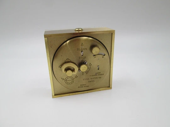 Cyma alarm table desk clock. Methacrylate front and bronze. Wind-up. Swiss. 1960's
