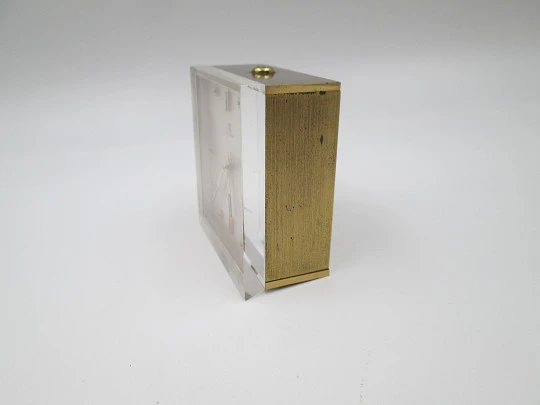 Cyma alarm table desk clock. Methacrylate front and bronze. Wind-up. Swiss. 1960's
