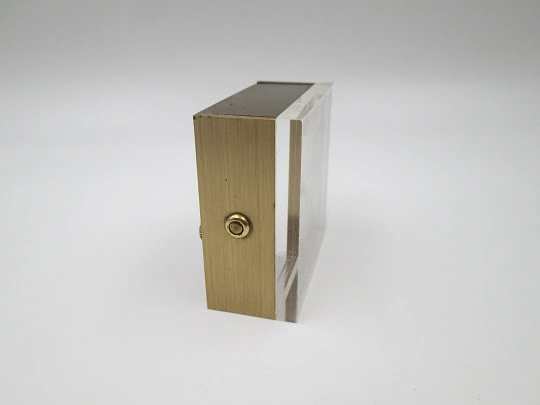 Cyma alarm table desk clock. Methacrylate front and bronze. Wind-up. Swiss. 1960's