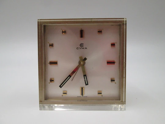 Cyma alarm table desk clock. Methacrylate front and bronze. Wind-up. Swiss. 1960's