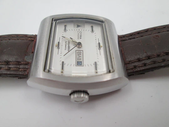 Cyma Conquistador Synchron. Stainless steel. Automatic. Square case. Date & day. 1970's