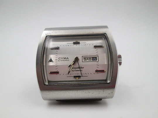 Cyma Conquistador Synchron. Stainless steel. Automatic. Square case. Date & day. 1970's