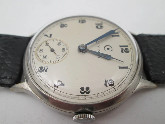 Cyma Jumbo men's watch. Silver plated and steel. Manual wind. Small seconds hand. 1950's Cyma Jumbo men's watch. Silver plated and steel. Manual wind. Small seconds hand. 1950's