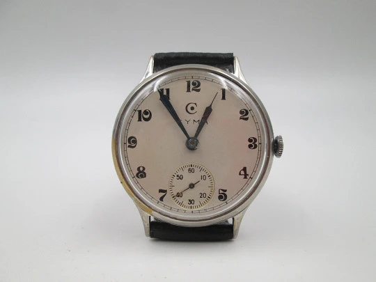 Cyma Jumbo men's watch. Silver plated and steel. Manual wind. Small seconds hand. 1950's Cyma Jumbo men's watch. Silver plated and steel. Manual wind. Small seconds hand. 1950's