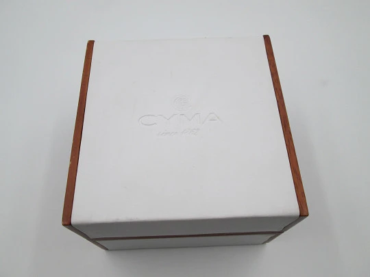 Cyma Le Locle. Rectangular case. Quartz. Steel. Box. Date