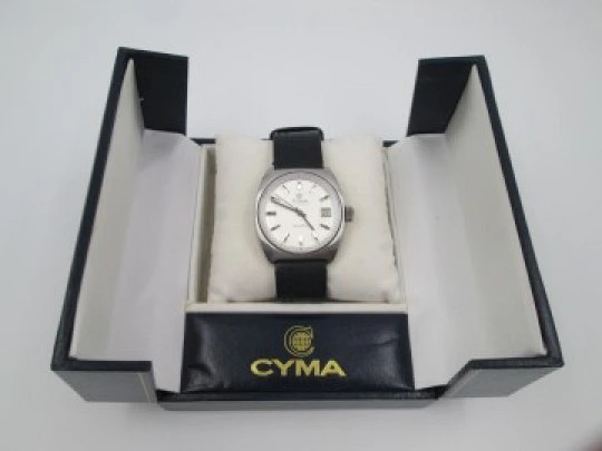 Cyma Navystar. Stainless steel. Automatic. 1970's. Strap. Date