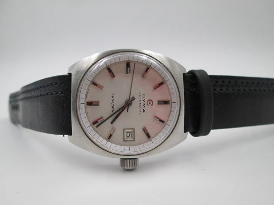 Cyma Navystar. Stainless steel. Automatic. 1970's. Strap. Date