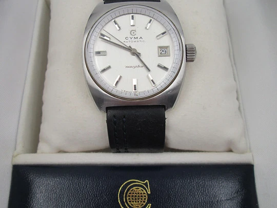 Cyma Navystar. Stainless steel. Automatic. 1970's. Strap. Date