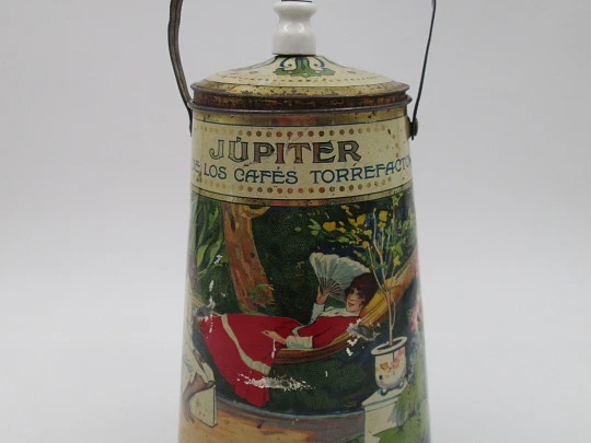 Dairy milk churn. Lithographed tinplate. Júpiter coffee. Spain