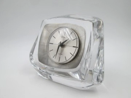 Daum Electric / Kienzle table desk clock. Glass and silver plated metal. 1960's. France