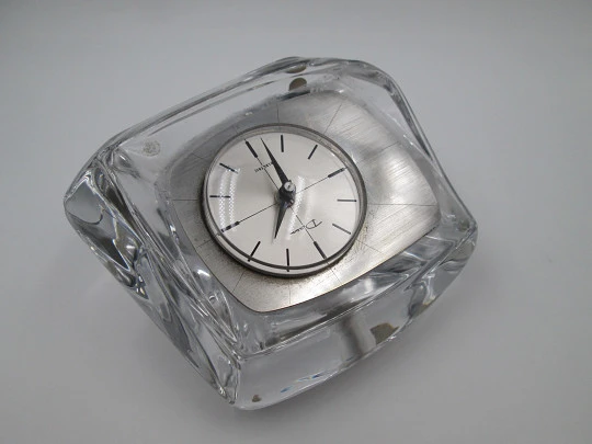 Daum Electric / Kienzle table desk clock. Glass and silver plated metal. 1960's. France