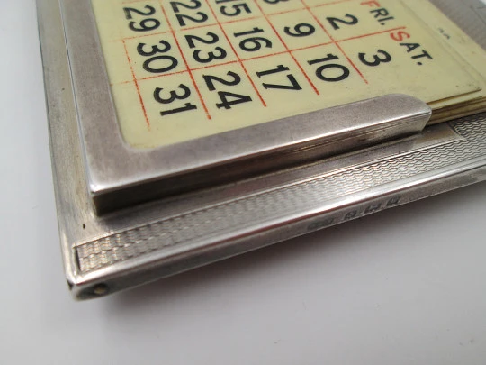 Deakin & Francis desk table calendar. Sterling silver and wood. 1930's