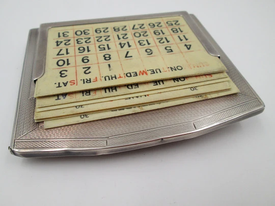 Deakin & Francis desk table calendar. Sterling silver and wood. 1930's