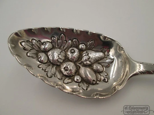 Decorative silver spoon. 18th century. Richard Crossley. Fruits