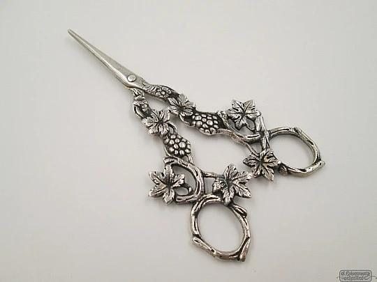 Decorative sterling silver scissors. Vine leaves and grapes